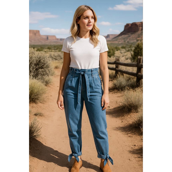 K+Glam Blue Jeans Waist Ankle Ties High Waisted Coastal Cowgirl Westerncore 2X - Picture 1 of 11